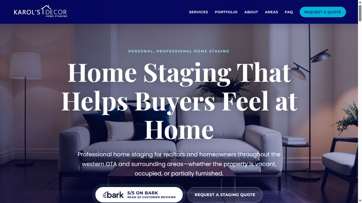 Homepage of the Karol's Decor Home Staging website