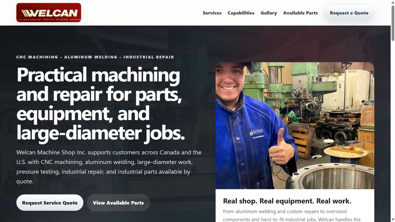 Homepage of the Welcan Machine Shop website
